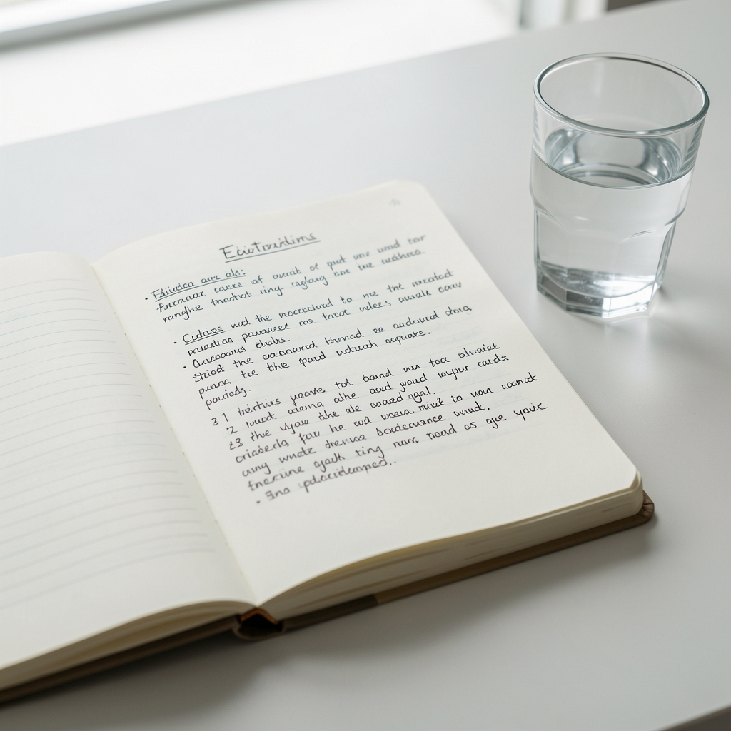 Notebook open to a handwritten page of editorial notes beside a glass of water, clear and ordered desk surface