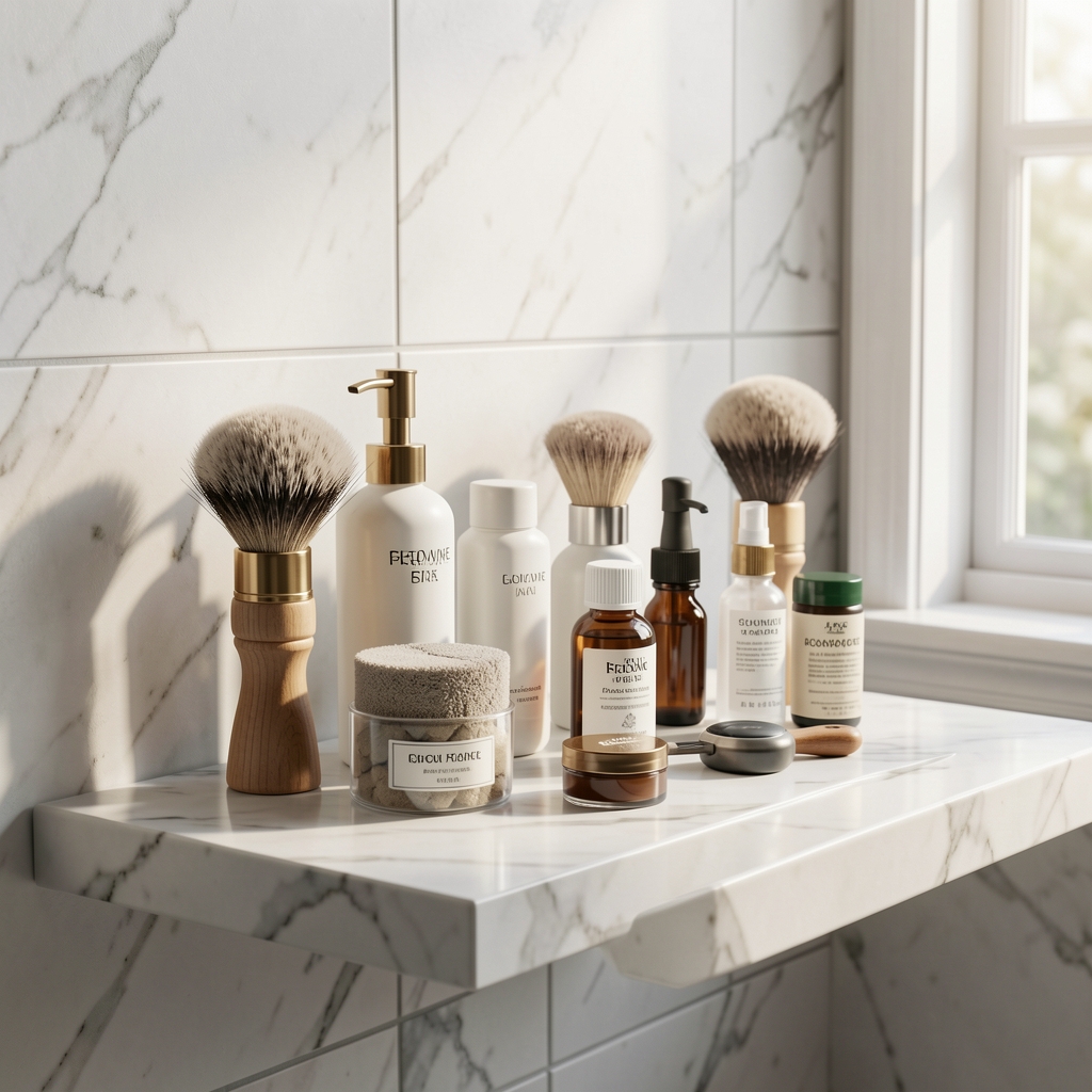 Grooming essentials arranged neatly on a marble bathroom shelf, soft morning light, clean workspace