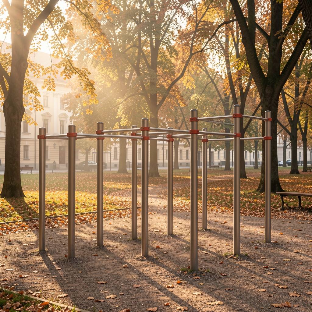 Outdoor calisthenics bars in a Vienna park, early morning, autumn light filtering through trees, empty and available