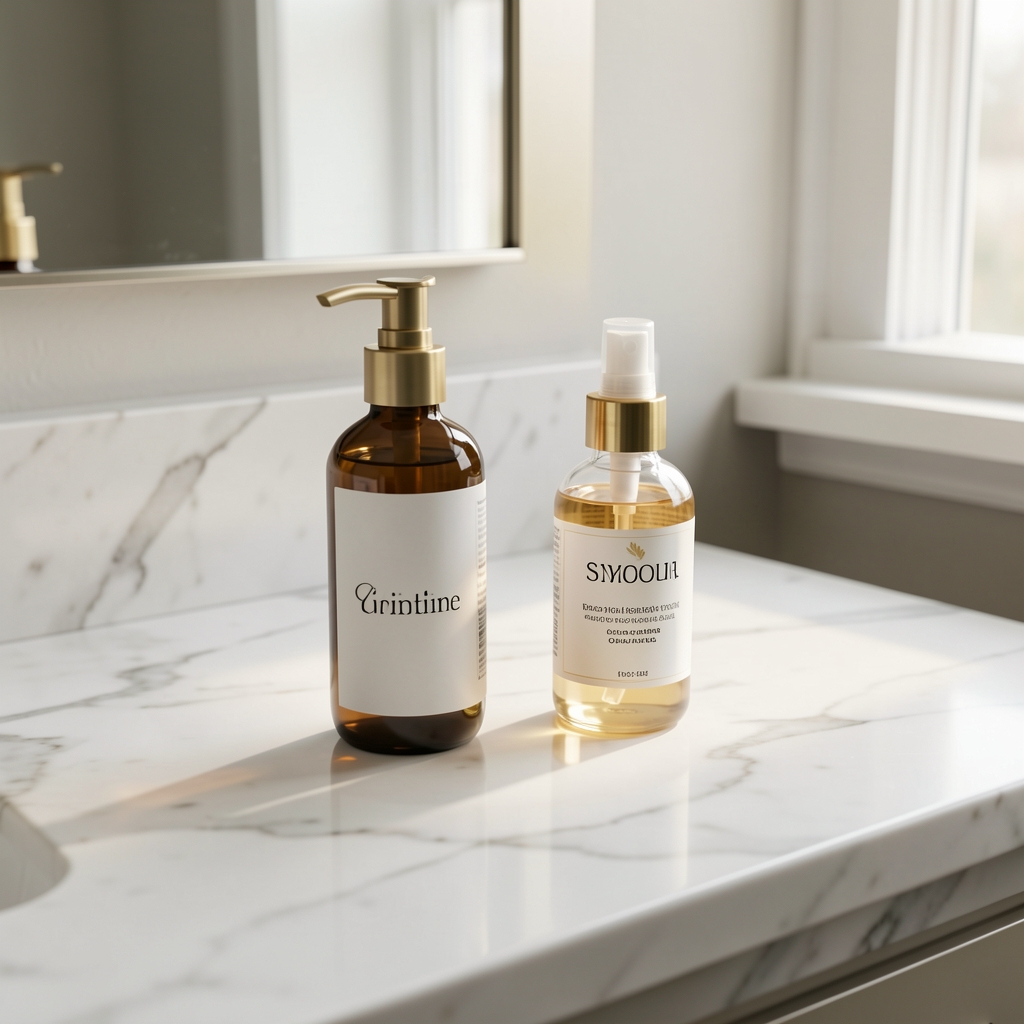 Close-up of simple grooming products arranged on marble bathroom counter in morning natural light
