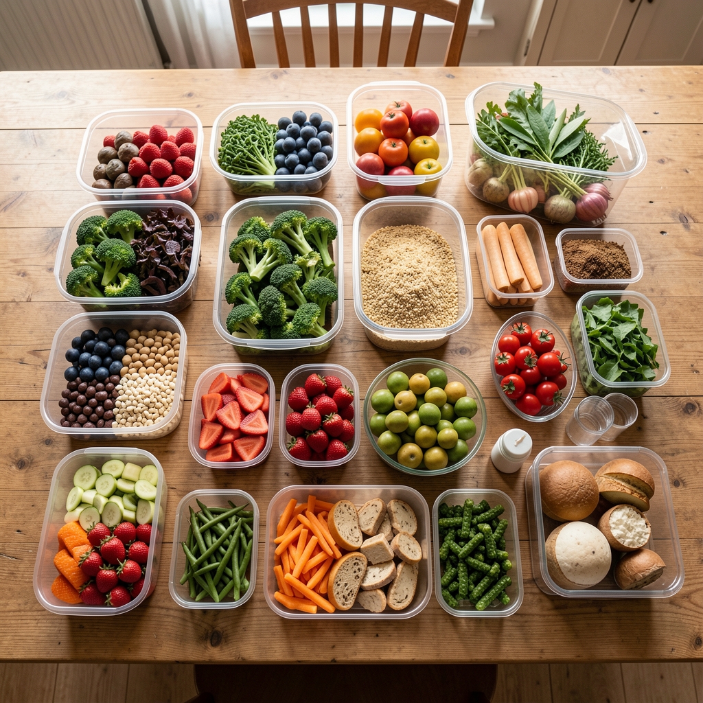 Overhead view of a well-organised weekly meal prep spread on a large wooden kitchen table, natural daylight, varied whole foods in containers